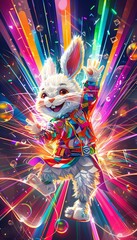 Wall Mural - Smiling Electro Bunny Rabbit floating inside the Electro Dynamic vibrant shapes and colorful bursts of electronic dance music smartphone wallpaper