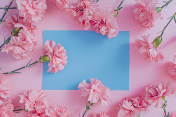 Pink Carnations on Pink Background with Blue Card   Floral Flat Lay Composition