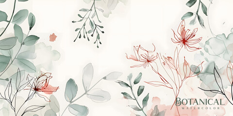 Wall Mural - floral hand drawn background. botanical line art wallpaper with flowers, branches and eucalyptus lea
