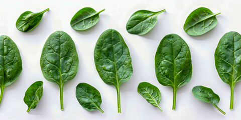 Wall Mural - Fresh Spinach Leaves Arrangement Isolated on White Background, Top View, Healthy Organic Greens
