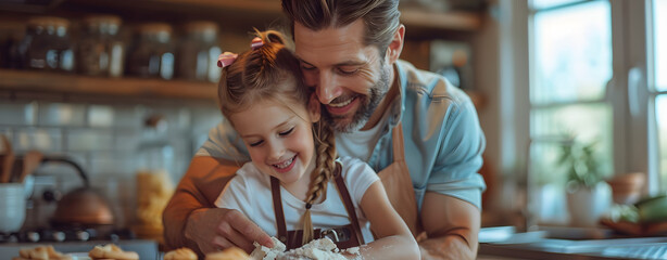 Father with his daughter in apron making a dessert together cooking on a wooden table, summer concept vacation concept holidays