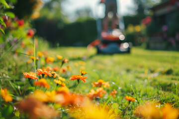 A blurry image of a lawn with a lawn mower in the background. The flowers are orange and the grass is green