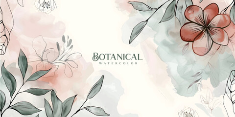 Wall Mural - floral hand drawn background. botanical line art wallpaper with flowers, branches and eucalyptus lea