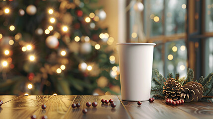 Paper cups with coffee, coffee cup, disposable paper Christmas background