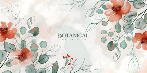 Wall Mural - floral hand drawn background. botanical line art wallpaper with flowers, branches and eucalyptus lea