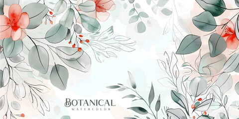 Wall Mural - floral hand drawn background. botanical line art wallpaper with flowers, branches and eucalyptus lea