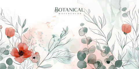 Wall Mural - floral hand drawn background. botanical line art wallpaper with flowers, branches and eucalyptus lea
