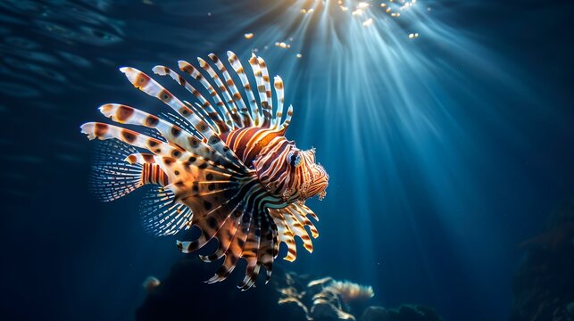 Fish: A majestic lionfish swimming in a deep blue sea