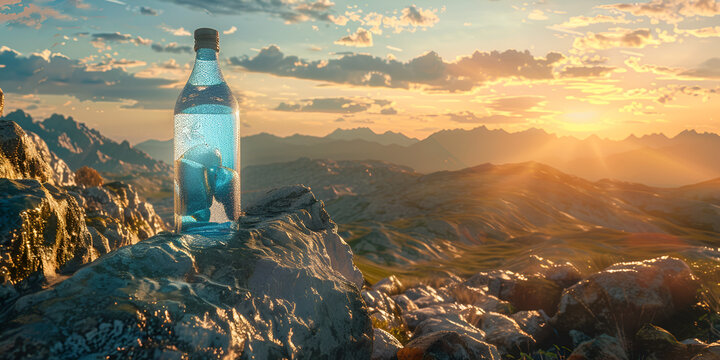 Crystal clear water: a bottle of pure water among the majestic snow-capped mountains.