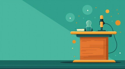 education podium with a microphone and projector in a lecture hall text