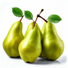 four yellow pears with green leaves