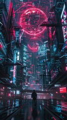 Wall Mural - Futuristic City Skyline at Night with Glowing Neon Lights and Advanced Technology