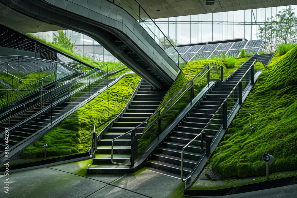 L-shaped staircase in a sustainable building, moss green, photographed ...