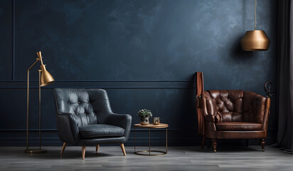 Wall Mural - Elegant Living Room Design: Blue Armchair Against Blue Wall with Copy Space