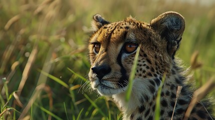 Wall Mural - Cheetah portrait with a head on view green grass on the background