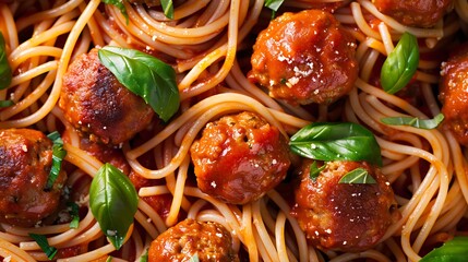 Wall Mural - Close up of delicious meatballs pasta with tomato sauce from above tasty homemade meatballs spaghetti concept food pattern background