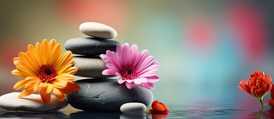 Aufkleber - An elegant arrangement of spa stones and vibrant flowers set against a serene and illuminating backdrop copy space image