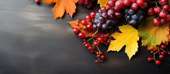 Aufkleber - Autumn themed flat lay composition featuring leaves berries and a Thanksgiving Day concept background with copy space image