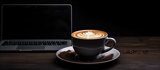 Fototapete - A laptop computer rests on a table next to a black cup of latte art coffee creating a dark and moody copy space image