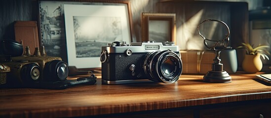 Fototapete - A vintage camera sits on a wooden desk in a workplace office alongside a computer creating a copy space image
