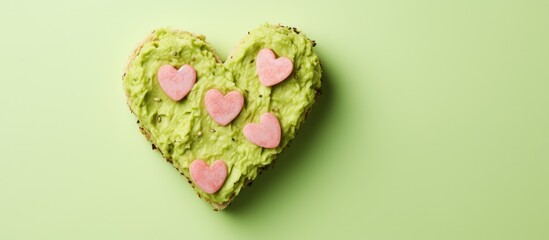 Wall Mural - Heart shaped green cheese with basilic and avocado paste sandwiches on a pink background ideal for a copy space image