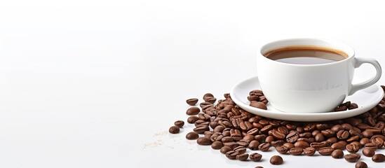 Wall Mural - A simple and clean composition featuring a coffee cup with a scattering of grains on a white background Perfect for a copy space image