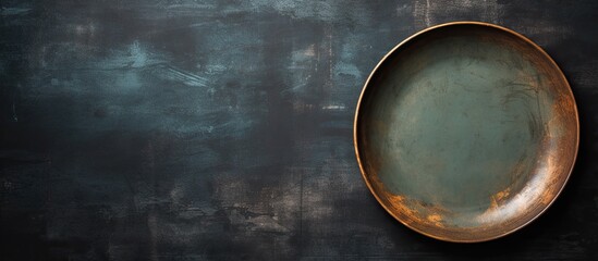 Aufkleber - A round ceramic plate sits alone on a dark textured concrete background It s a simple image with cutlery ready for a meal. Creative banner. Copyspace image