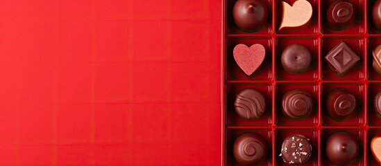 Aufkleber - Top view of a partially empty box of chocolate candies on a red background providing ample space for text