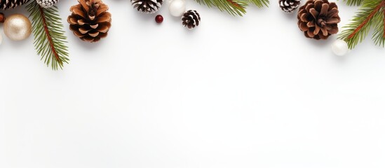 Fototapete - Top view of a Christmas background with an isolated fir tree and cone on a white background providing ample copy space for customization