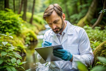 environmental scientist – 3:2: a determined close-up of an environmental scientist examining data, e