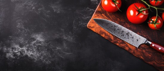 Poster - A wooden knife with a tomato on a black marble surface can be seen in the kitchen creating a captivating copy space image