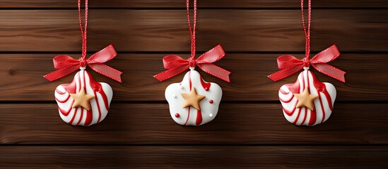 Copy space image of three Christmas cookies with red and white icing hanging from white ribbons against a wooden background