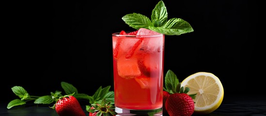 Sticker - A refreshing drink of homemade strawberry lemonade with a hint of basil is showcased on a dark background allowing for copy space