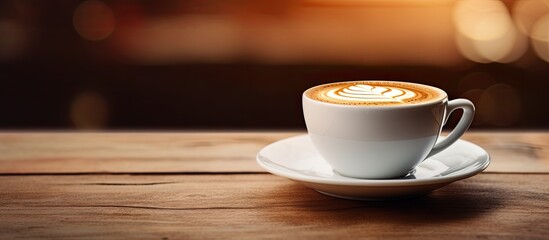 Poster - On the wooden table there is a copy space image of a latte filled cup of coffee