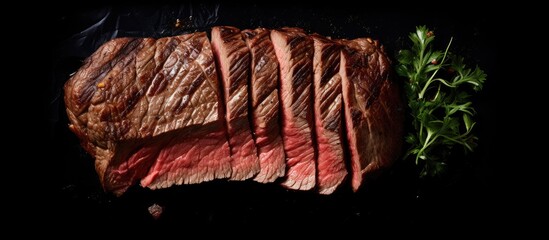 Canvas Print - A rare grilled flank steak sliced and presented on a black background showcasing the marbled beef Top view with copy space image