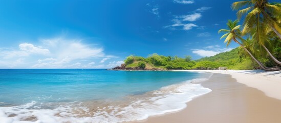 Poster - A captivating tropical beach with stunning summer landscapes providing a picturesque vacation background with abundant copy space image