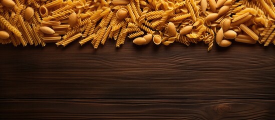 Canvas Print - A copy space image featuring dried pasta arranged on a wooden background