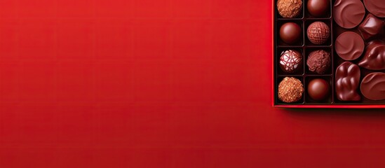 Aufkleber - Top view of a partially empty box of chocolate candies on a red background providing ample space for text