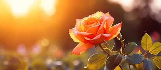 Aufkleber - In the spring season there is a stunning orange rose with sun light in the background creating a beautiful image with ample copy space