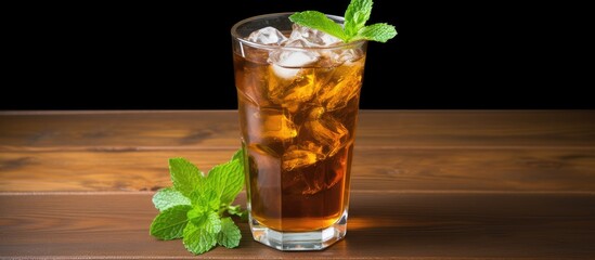 Poster - A copy space image of cold tea served with ice and fresh mint on a wooden background