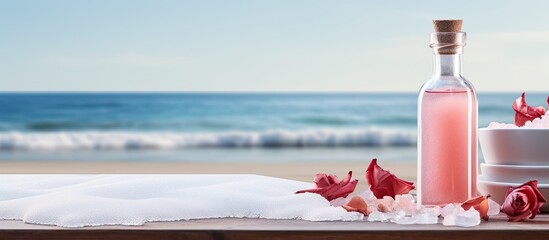 Sticker - A table displaying a bottle of rose essential oil alongside sea salt with plenty of copy space for an image