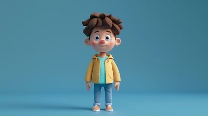 Canvas Print - 3D illustration of a cute cartoon boy. He is wearing a yellow jacket, blue t-shirt and jeans. He has brown hair and blue eyes.
