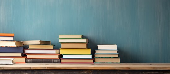 Poster - Copy space image of a back to school themed arrangement with a stack of hardback books neatly placed on a wooden table