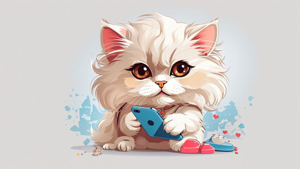 Wall Mural - A cartoon drawing of a fluffy orange cat sitting in front of a blue smartphone