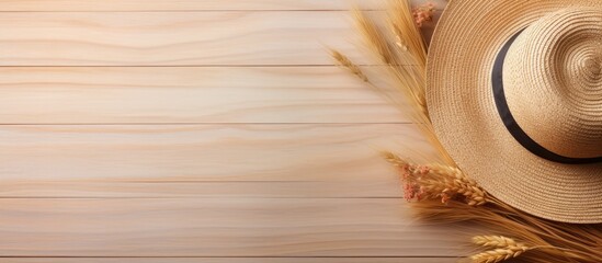 Leinwandbilder - Copy space image of a top view summer holiday background featuring a wooden surface adorned with a straw hat and seashells