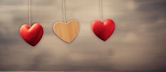 Aufkleber - There is a copy space image featuring three wooden hearts suspended on a delicate rope