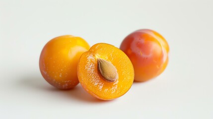 Wall Mural - Three ripe yellow plums on a white background. The plum on the right is cut in half, showing the juicy flesh and the pit.