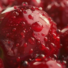 Wall Mural - Close-up of a single red cherry with water drops on its surface. The cherry is in focus, with a blurred background.