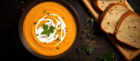 Aufkleber - A top view image of a bowl containing dietary pumpkin cream soup with toast bread providing a free copy space