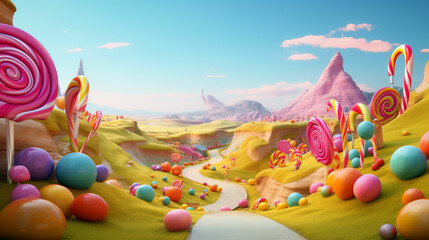 A colorful candy land with a road leading through it. The candy is in various colors and shapes, including lollipops and gummy bears. The scene is bright and cheerful, with a sense of whimsy and fun